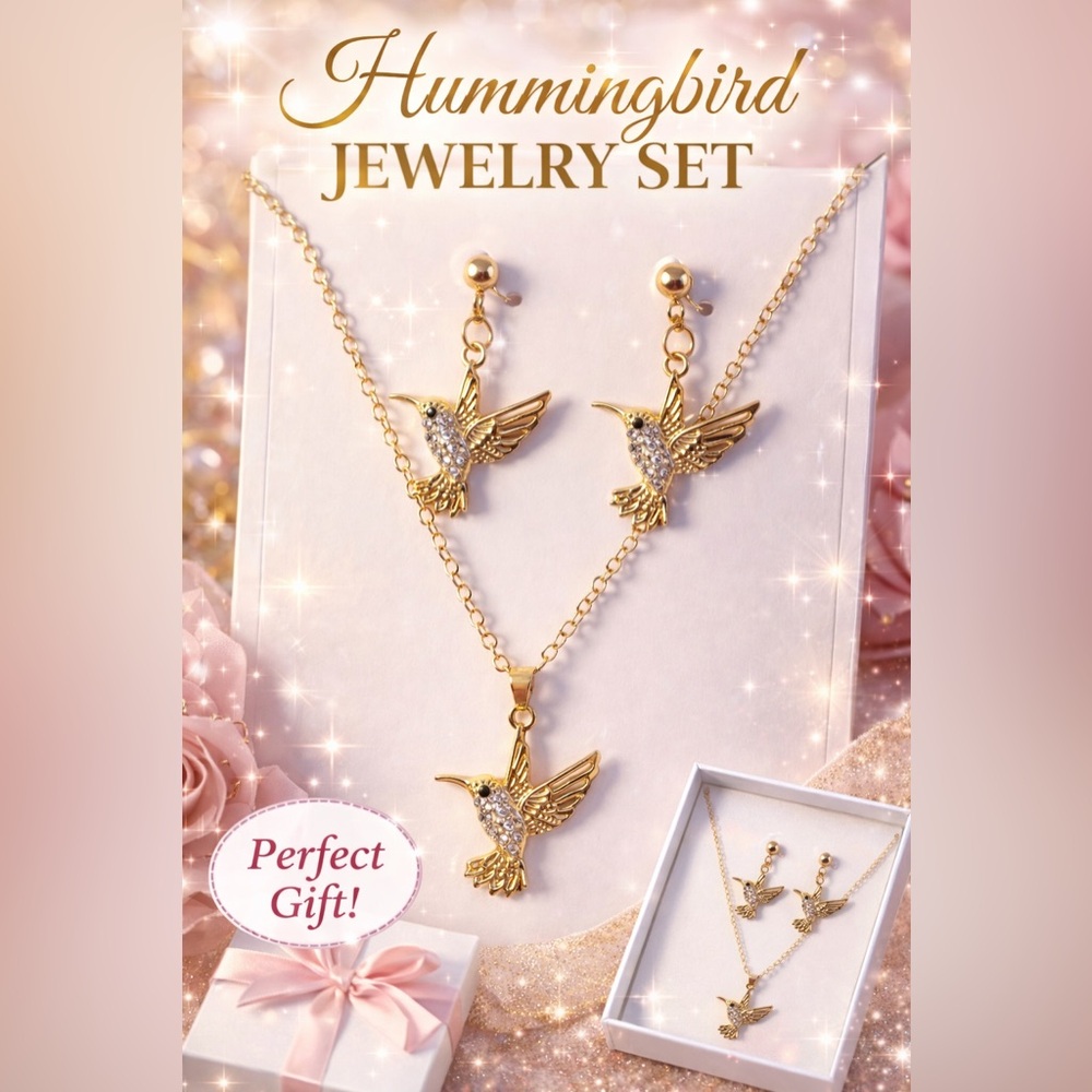 Hummingbird Gold Necklace & Earring Jewelry Set - Sparkling Crystal Accents